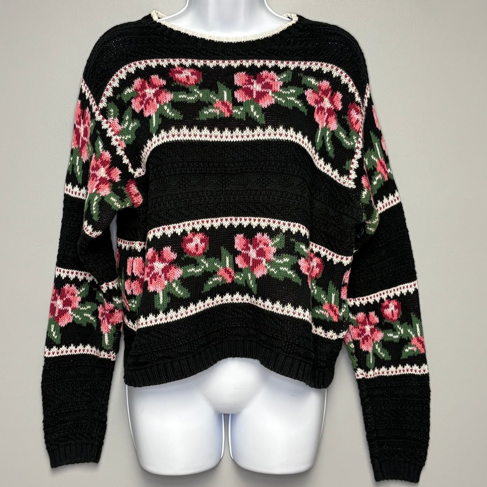 VTG 90s 100% Cotton Rose Print Cottagecore Grandma Cable Knit Sweater Sz S